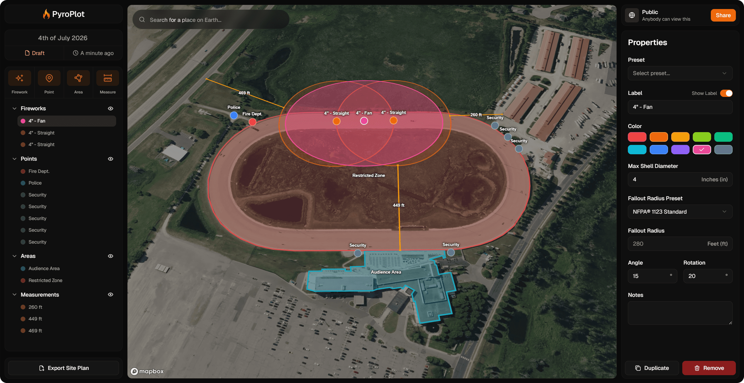 Firework display site planning interface
